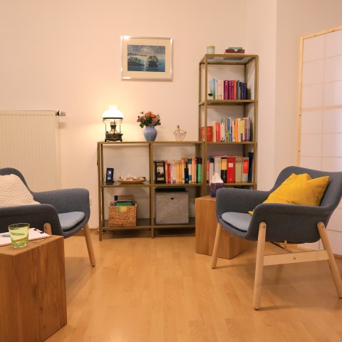 Sitzecke mit zwei Sesseln und Bücherregal in der Praxis